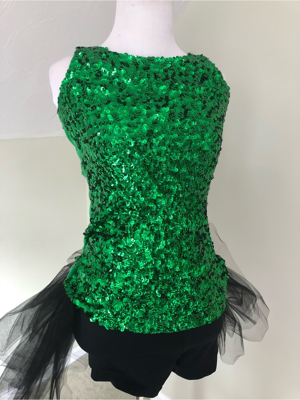 Green Sequin Top with tulle bike shorts dance costume set